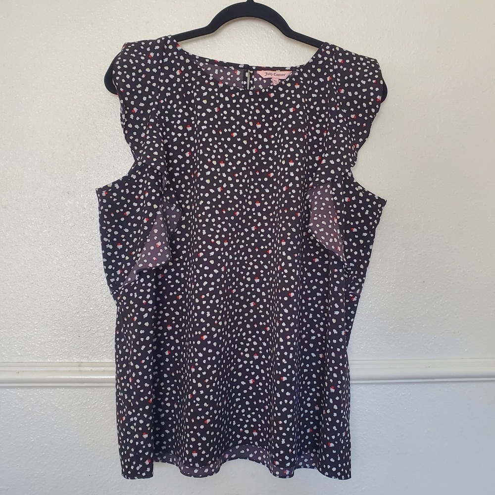 Juicy Couture XXL Sleeveless Ruffle Blouse Abstract Dot Print Keyhole Back Top